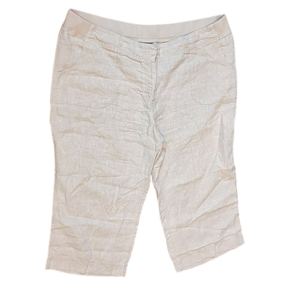 J. Jill Women 16 Light Beige Flat Front 100% Linen Cropped Pants Coastal Beach